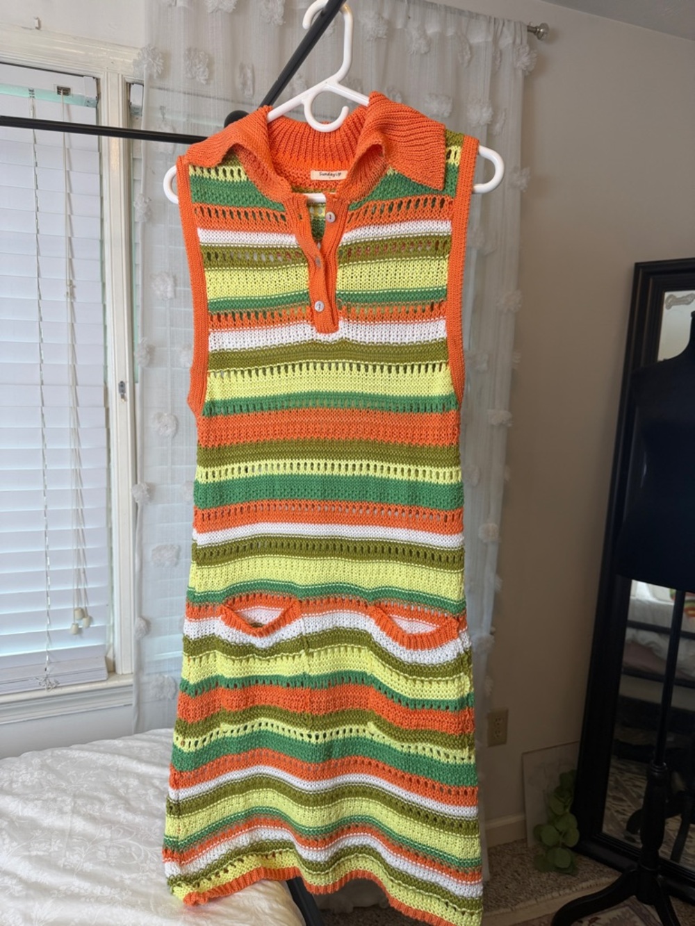 Sunday up /Zara Sleeveless Crochet Stripe Knit Dress in Orange, Lime & White